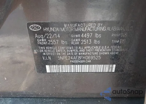 2015 Hyundai Sonata Se из США, поврежденный, VIN 5NPE24AF8FH069525